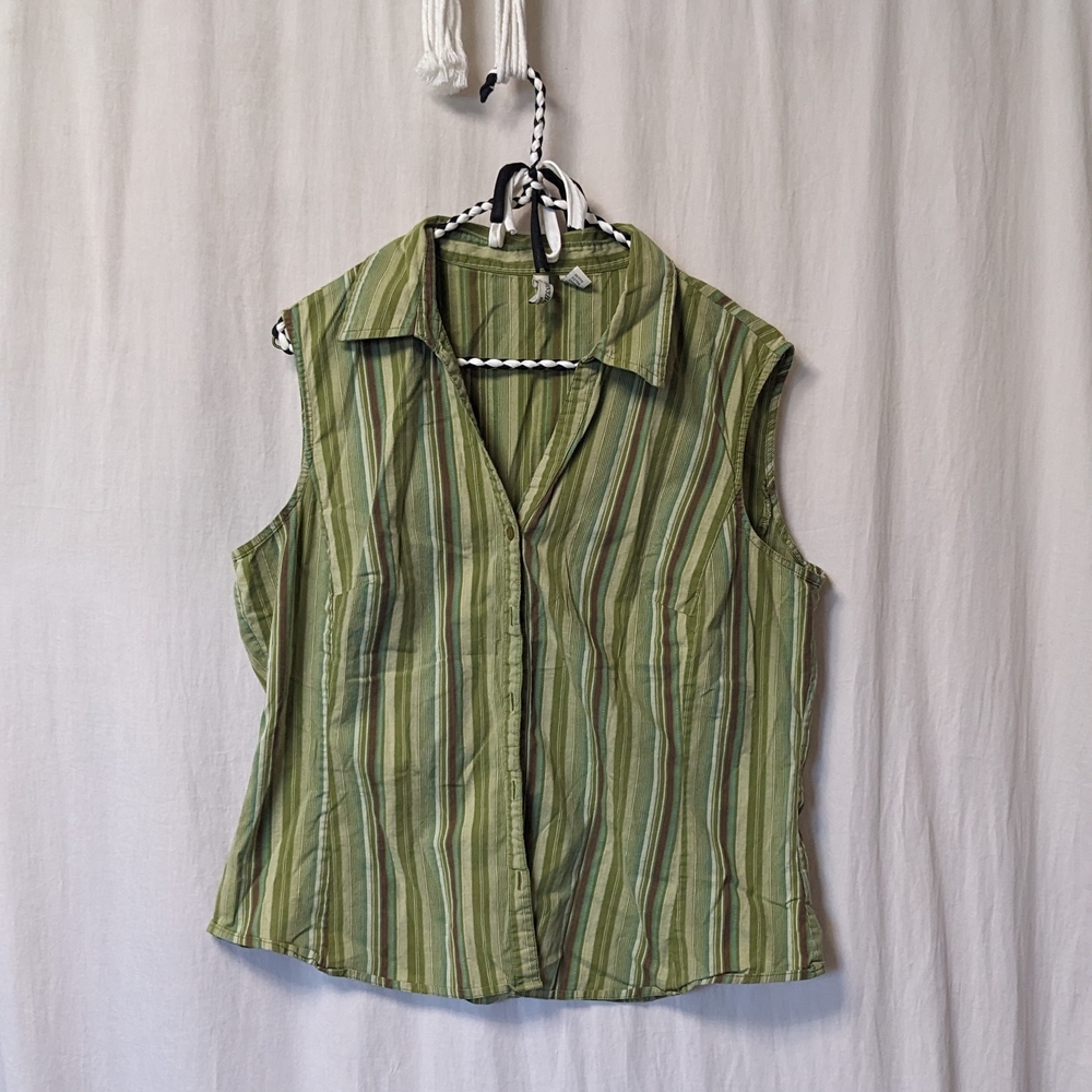 2/$25 Green Striped Women's Sleeveless Collared Fitted Button Up Top
